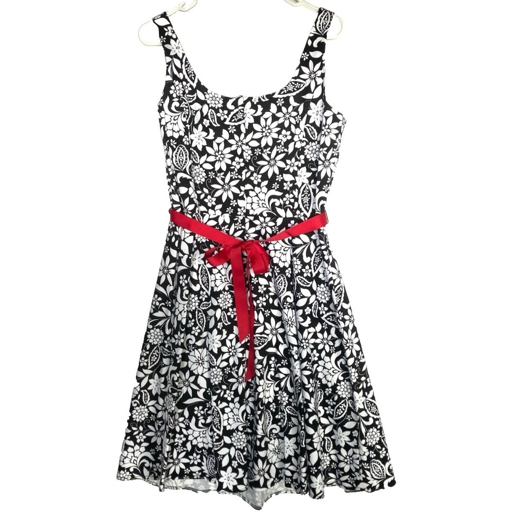 Vtg Breakin Loose Red Ribbon Belt Black White Floral Date Dress Womens 12 L Y2k
